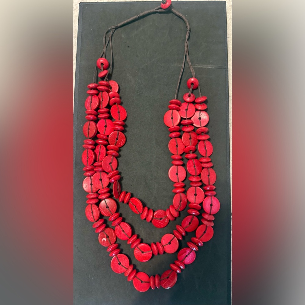 Red Wood Disc Multi-Layered Womans Necklace
